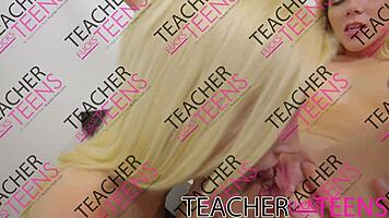 The seductive teacher lures her student and young girlfriends into a wild classroom threesome with big cocks pounding hard