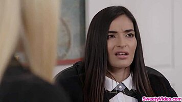 bratty teen gets her pussy licked wildly by milf dean at work