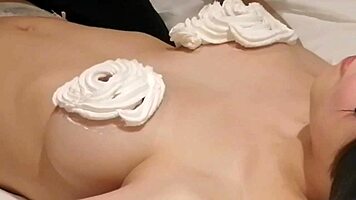 wow i decorated my busty girlfriend's big tits bra with fresh cream close-up!
