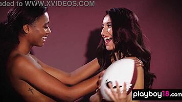 Ebony and Latina Footballers Strip Teasingly Together