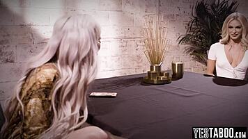 Desperate blonde milf titty fucks lesbian interviewer pussy licking to seal job