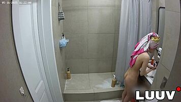 Luuv Brunette Shares Sexy Shower Routine Flashing Natural Tits Voyeur Style
