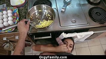 in the wild orgy, young babe rides reverse cowgirl while spreading cheeks for old guys pounding hard