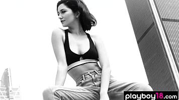 REDHEAD SKYE BLUE STRIPS NATURAL TITS AND PIERCED NIPPLES