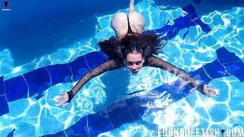 Jessica Bunny swims wet underwater pool