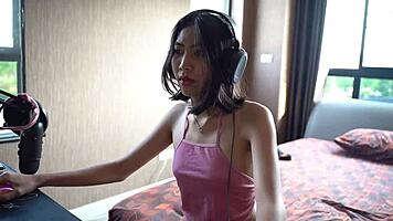 that asian gamer babe moans loud while getting licked and fucked from behind