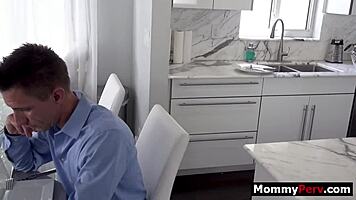blonde milf sucks young cock near busy older man