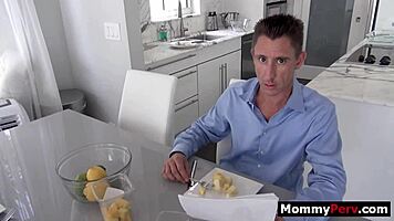 blonde milf sucks young cock near busy older man