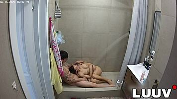 luuv grossy strokes boyfriend's cock in steamy shower