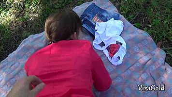 fucking her wet pussy deep creampie picnic woods nature quickie
