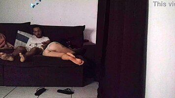 Sexy latina milf rides big cock cowgirl on sofa moaning wildly in heat