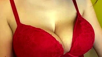 milf massages big natural tits in red bodysuit