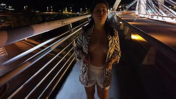luscious milf braless panty-free struts big tits on bridge 😏🍒🌉