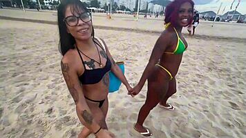 Two beach brunettes lured for outdoor interracial anal tits pounding cash offer