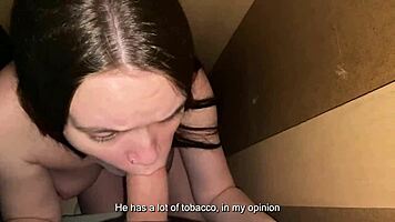nervous girl hides in closet but ends up slurping on huge cock keeping her mouth busy