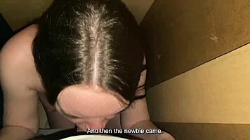 nervous girl hides in closet but ends up slurping on huge cock keeping her mouth busy