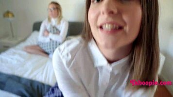 Petite nerd joins friend for stepbro threesome pounding