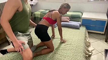 Friend's wife offers her tight pussy during steamy homemade workout