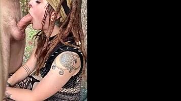 nerdy redhead drools sloppy on huge cock in festival outfit