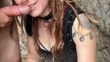 nerdy redhead drools sloppy on huge cock in festival outfit