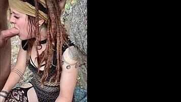 nerdy redhead drools sloppy on huge cock in festival outfit