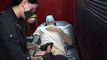 mei pang and john lemon's cock piercing threesome ends with a messy cumshot explosion