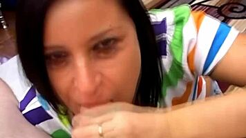 Young Brunette Goes Wild Sucking and Licking Massive Cock!