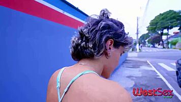 street pickup guy fucks athletic brazilian slut on stairs while cuckold works nearby