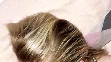 Blonde babe sucks huge cock in bedroom then gets wet pussy pounded