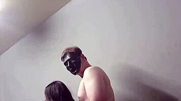 masked guy pounds petite teen standing then bends her for doggystyle after blowjob