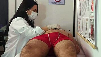 Nurse and esthetician watch patient's massive erection lead to steamy brunette banging session