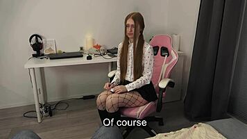 redhead college student deepthroats teacher's big cock for better grades