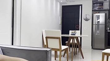 slid right into her tight ass while girlfriend cooked in sheer lingerie