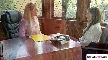 brunette teen sneaks into principal's office seducing milf into wet pussy licking