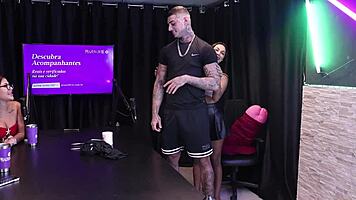 two brunettes strip hunk after he shares oral tips from his recordings