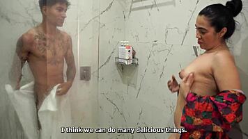 Big-assed latina stepmom spies shower then fucks skinny guy