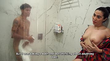Big-assed latina stepmom spies shower then fucks skinny guy