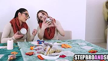 two hot brunettes share huge cock sucking and fucking in steamy threesome