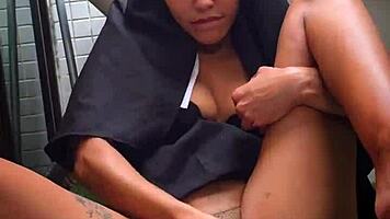 curly haired latina teen with huge pussy squirts hard on monster vibrator