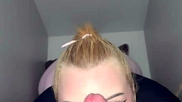 whoops accidental massive cumshot covers her face from sloppy closet blowjob