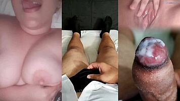 Ex-girlfriend fingers tight pussy soaking wet while stroking small cock nearby