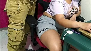 brunette latina babe bent over office desk doggystyle big cock closeup pounding