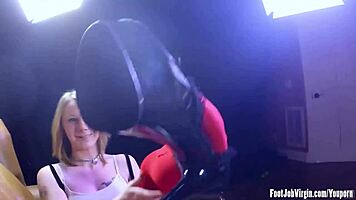 young blonde teases with hot footjob ending in creamy cumshot