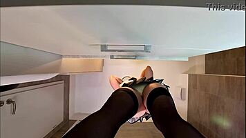 my heart races flashing these big tits in see-through cheerleader skirt