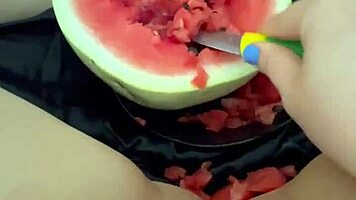 arab teen stuffs watermelon in tight pussy squirting