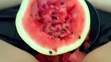arab teen stuffs watermelon in tight pussy squirting