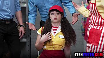 Young thieving employee takes brutal gangbang from coworkers