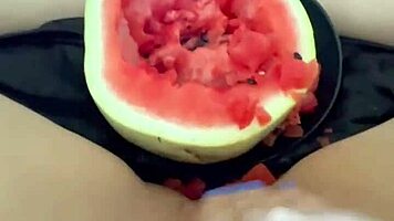 arab teen stuffs watermelon in tight pussy squirting