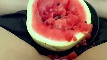 arab teen stuffs watermelon in tight pussy squirting