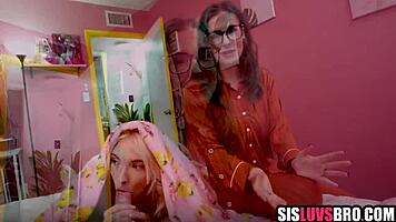 Sneaky young blonde gives brotherly blowjob in taboo pov